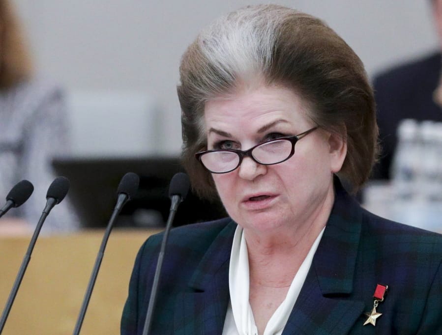 In this handout photo provided by The State Duma, The Federal Assembly of The Russian Federation, the world&#039;s first woman cosmonaut, Valentina Tereshkova, speaks during a session prior to voting for constitutional amendments at the State Duma, the Lower House of the Russian Parliament in Moscow, Russia, Tuesday, March 10, 2020. Tereshkova, a lawmaker with Russia&#039;s ruling party, proposed Tuesday to scrap presidential term limits in order to allow Russia President Vladimir Putin to run for re-election in 2024.