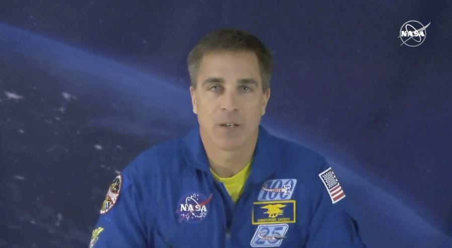 In this image from video made available by NASA, astronaut Chris Cassidy speaks during an interview from cosmonaut headquarters in Star City, Russia, on Thursday, March 19, 2020. Cassidy, who&#039;s about to leave the planet for six months, is stressed about coronavirus like everyone else, even though he&#039;s already in heavy quarantine. Cassidy said Thursday that when you&#039;re an astronaut three weeks away from launch, lots of people are &quot;very concerned&quot; about your health. He&#039;s grateful for that.