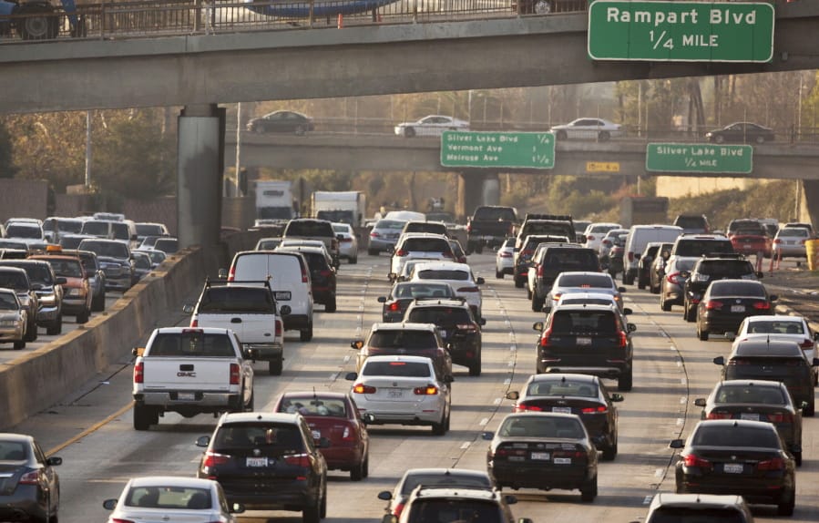 FILE - This Dec. 12, 2018, file photo shows traffic on the Hollywood Freeway in Los Angeles. President Donald Trump&#039;s is expected to mark a win in his two-year fight to gut one of the United States&#039; single-biggest efforts against climate change, relaxing ambitious Obama-era vehicle mileage standards and raising the ceiling on damaging fossil fuel emissions for years to come.