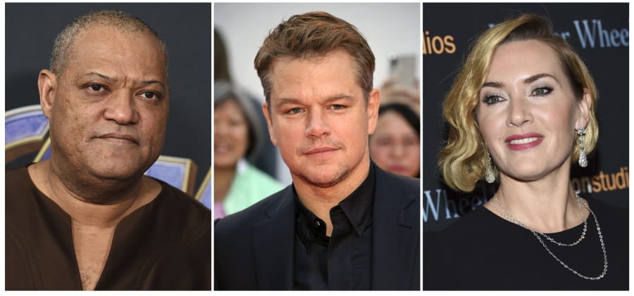 This combination photo shows actors, from left, Laurence Fishburne, Matt Damon and Kate Winslet, who are among the stars of the 2011 thriller &quot;Contagion&quot; who have reunited for a series of public service announcements to warn about COVID-19. They have teamed up with scientists from Columbia University&#039;s Mailman School of Public Health to offer four individual homemade videos.