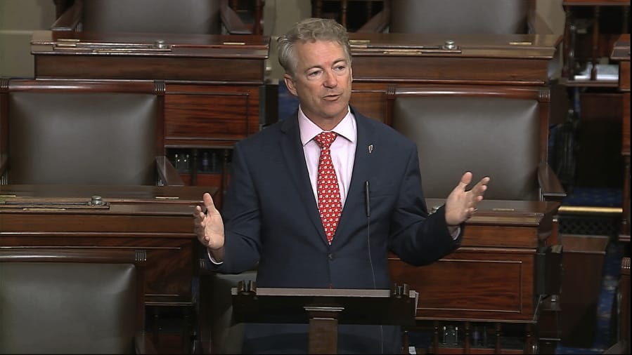 In this image from video, Sen. Rand Paul, R-Ky., speaks on the Senate floor at the U.S. Capitol in Washington, Wednesday, March 18, 2020.