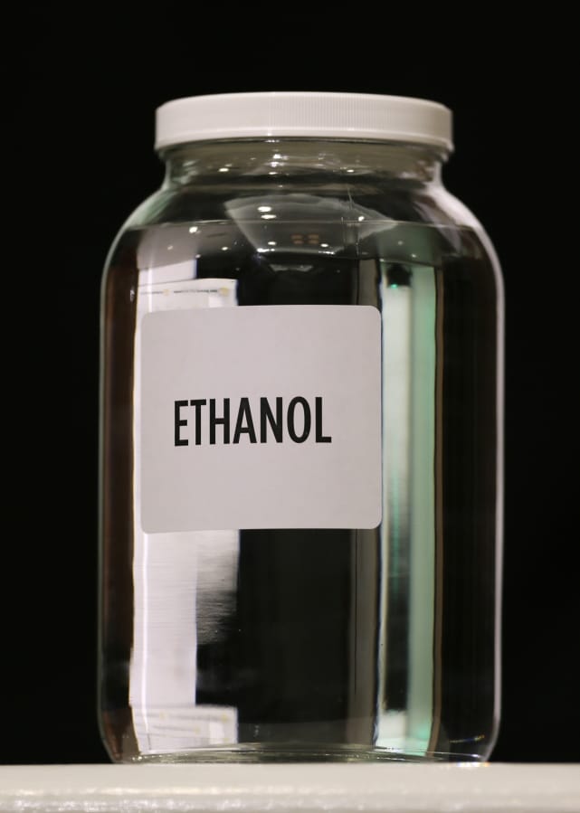 A jar of ethanol fuel sits on display Jan. 28, 2014, during the Iowa Renewable Fuels Association meeting in Altoona, Iowa.