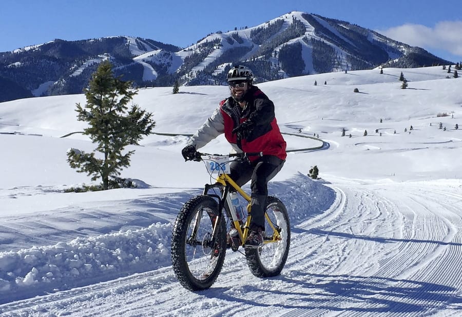 A contestant competes Jan. 30, 2016, in the Snowball Special fat tire bike race at Sun Valley Resort in Blaine County, Idaho.