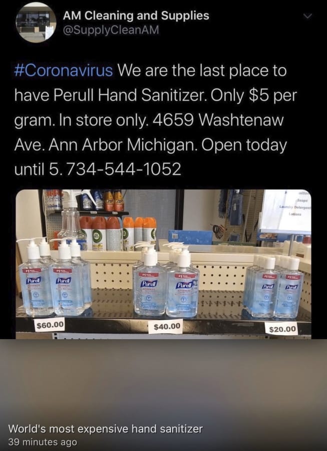 A screengrab from the Twitter account of A.M. Cleaning and Supplies in Ann Arbor Mich., advertising Purell hand sanitizer.