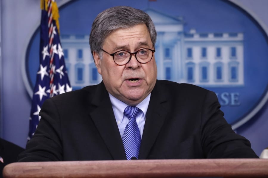 Attorney General William Barr speaks about the coronavirus in the James Brady Briefing Room, Monday, March 23, 2020, in Washington.