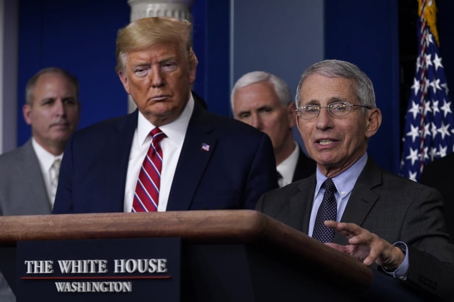 President Donald Trump listens as Director of the National Institute of Allergy and Infectious Diseases Dr. Anthony Fauci speaks during a coronavirus task force briefing at the White House, Friday, March 20, 2020, in Washington.