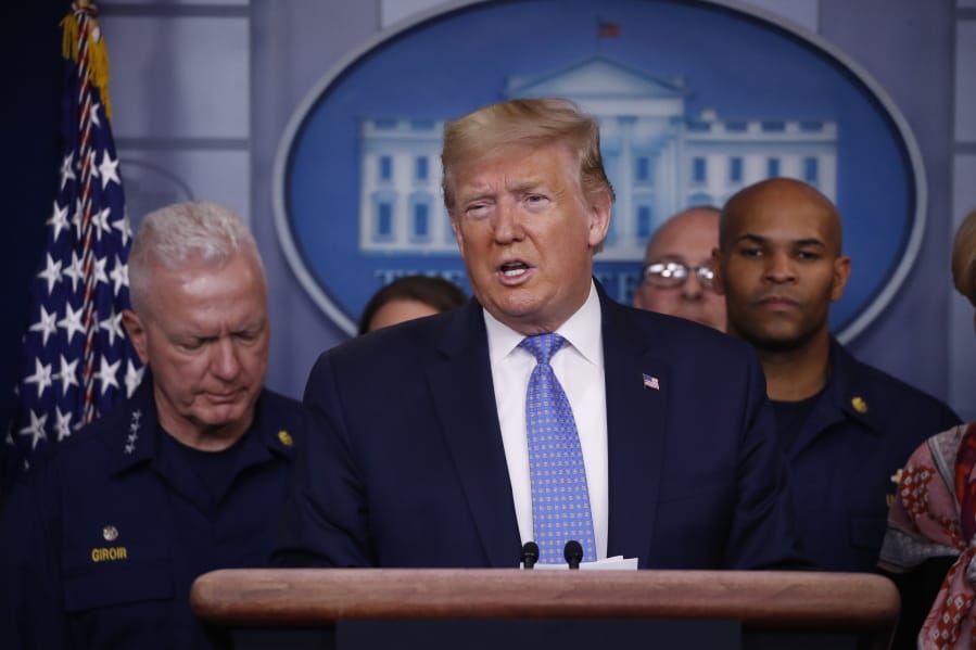 President Donald Trump speaks during a briefing about the coronavirus in the James Brady Press Briefing Room of the White House, Sunday, March 15, 2020, in Washington.