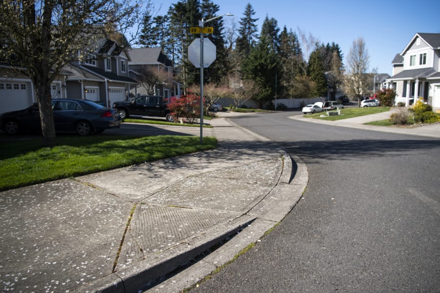 A noncompliant curb ramp at Northwest 120th Street and Northwest 21st Avenue is one of more than 7,000 sidewalk deficiencies in Clark County.
