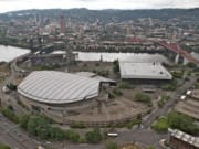 Aerial view of Portland&#039;s Rose Quarter district.