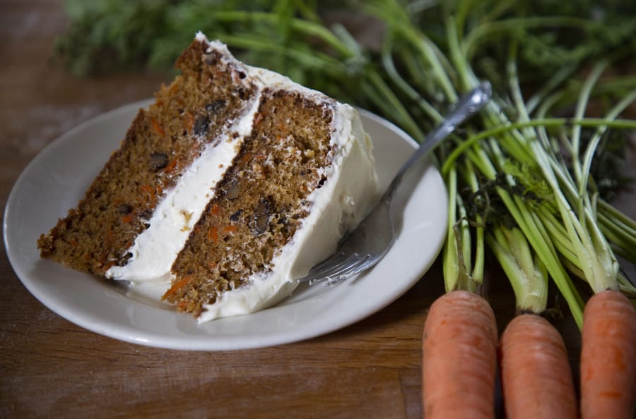 A homemade, vegetarian carrot cake made with cinnamon, pecans, all-purpose flour, buttermilk, coarsely shredded carrots and topped with a cream cheese frosting, Wednesday, April 10, 2019, in Ben Avon.