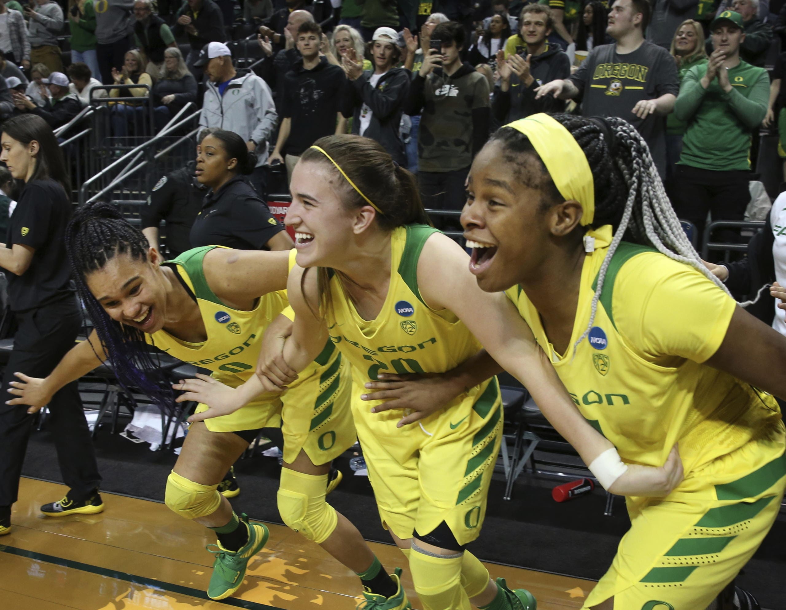 Oregon's Satou Sabally, left, Sabrina Ionescu and Ruthy Hebard, right, were all top-8 first-round picks in the WNBA draft on Friday, April 17, 2020.