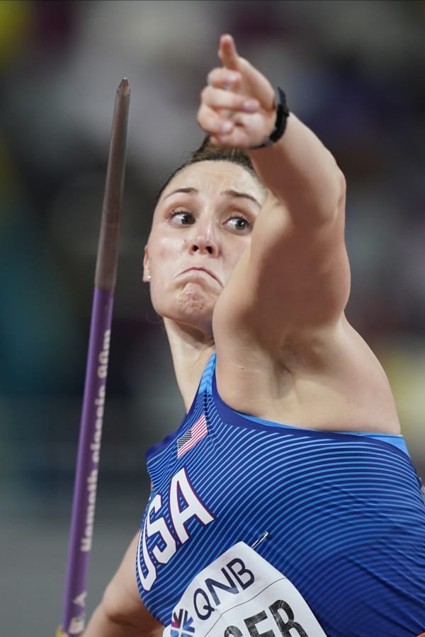 Kara Winger, of the United States, competes in the women&#039;s javelin throw final at the World Athletics Championships in Doha, Qatar, Tuesday, Oct. 1, 2019. (AP Photo/David J.