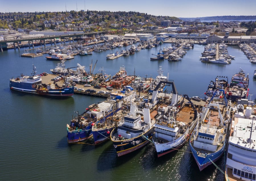 Some of the many commercial fishing boats docked at Fishermen&#039;s Terminal in Seattle&#039;s Ballard neighborhood on April 13, 2020.