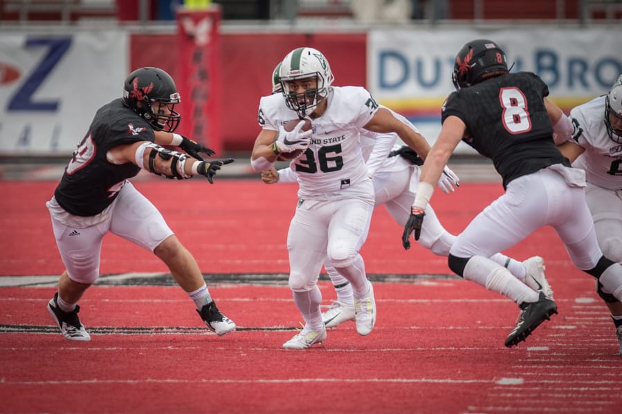 Portland State running back JoJo Siofele (36) had just two game appearances in 2019 for the Vikings. The freshman from Union High School had a strong spring practice and is healthy for the fall.