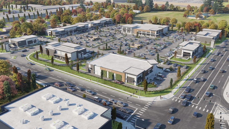 Concept renderings show the western half of the planned Skyview Station retail center in Salmon Creek, shown looking northeast. The project will include eight retail buildings intended to house a bank, pharmacy, restaurant and specialty grocery store, among other tenants.