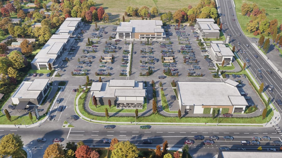 Concept renderings show the western half of the planned Skyview Station retail center in Salmon Creek. The project is located at the intersection of Northeast 139th Street and Northeast 10th Avenue, near the convergence of the Interstate 5 and Interstate 205 freeways.
