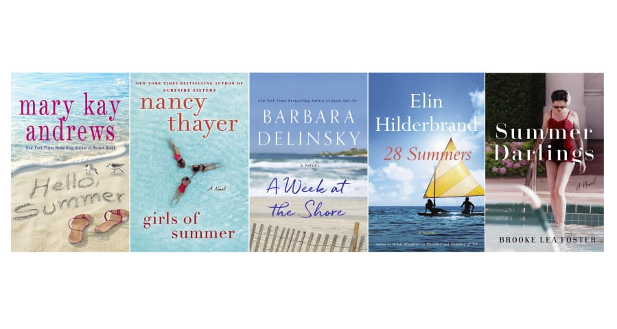 This combination photo of cover images shows, from left, &quot;Hello Summer&quot; by Mary Kay Andrews, &quot;Girls of Summer&quot; by Nancy Thayer, &quot;A Week at the Shore&quot; by Barbara Delinsky, &quot;28 Summers&quot; by Elin Hilderbrand and &quot;Summer Darlings&quot; by Brooke Lea Foster. (St. Martin&#039;s Press/Ballantine Books/St.