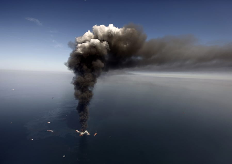 The Deepwater Horizon oil rig burns on April 21, 2010, in the Gulf of Mexico.