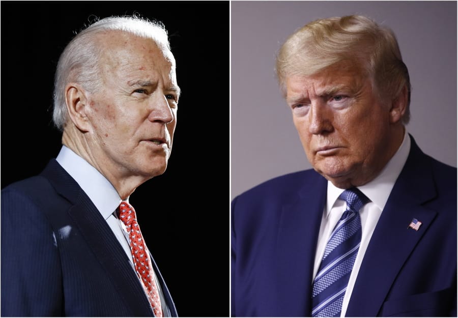FILE - In this combination of file photos, former Vice President Joe Biden speaks in Wilmington, Del., on March 12, 2020, left, and President Donald Trump speaks at the White House in Washington on April 5, 2020. The level of inconsistency and chaos surrounding Trump&#039;s coronavirus response is reaching new heights, as Democrats show new signs of unifying behind presumptive presidential nominee Biden.