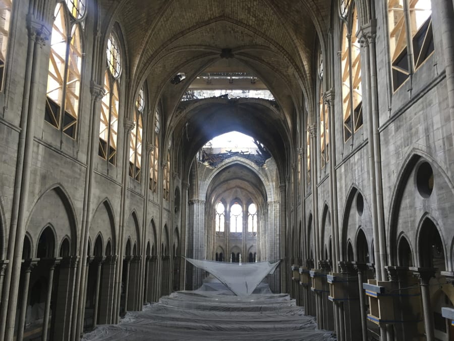 This photo taken on March 9, 2020 shows inside Notre Dame Cathedral in Paris. The cathedral stands crippled, locked in a dangerous web of twisted metal scaffolding one year after a cataclysmic fire gutted its interior, toppled its famous spire and horrified the world.