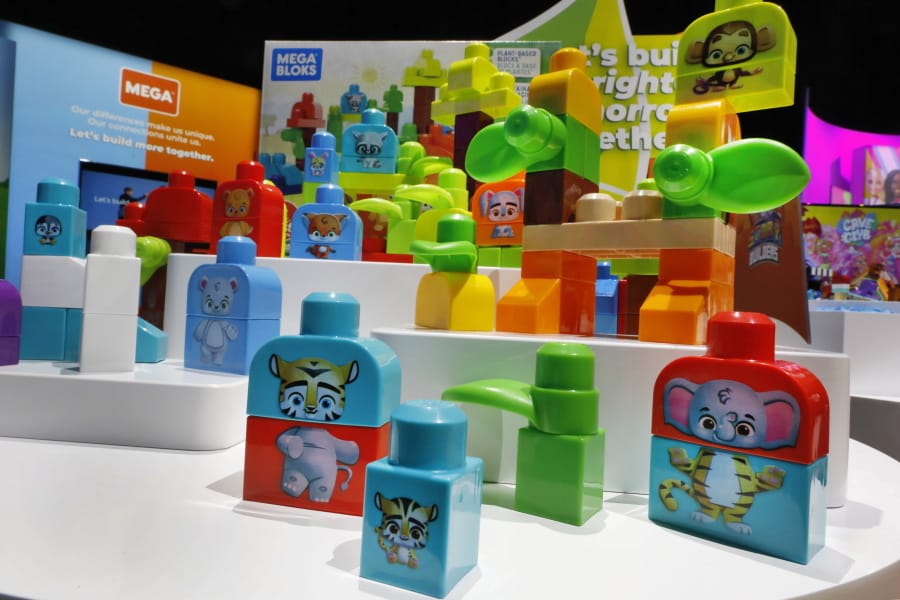 Mega Bloks, by Mattel, are displayed Feb. 24 at Toy Fair New York, in the Javits Convention Center in New York.