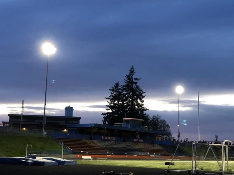 The lights shine on Ridgefield High School stadium on #BeTheLight night on Friday (Micah Rice/The Columbian)