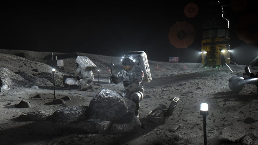 This illustration made available by NASA in April 2020 depicts Artemis astronauts on the Moon. On Thursday, April 30, 2020, NASA announced the three companies that will develop, build and fly lunar landers, with the goal of returning astronauts to the moon by 2024. The companies are SpaceX, led by Elon Musk; Blue Origin, founded by Amazon&#039;s Jeff Bezos; and Dynetics, a Huntsville, Ala., subsidiary of Leidos.