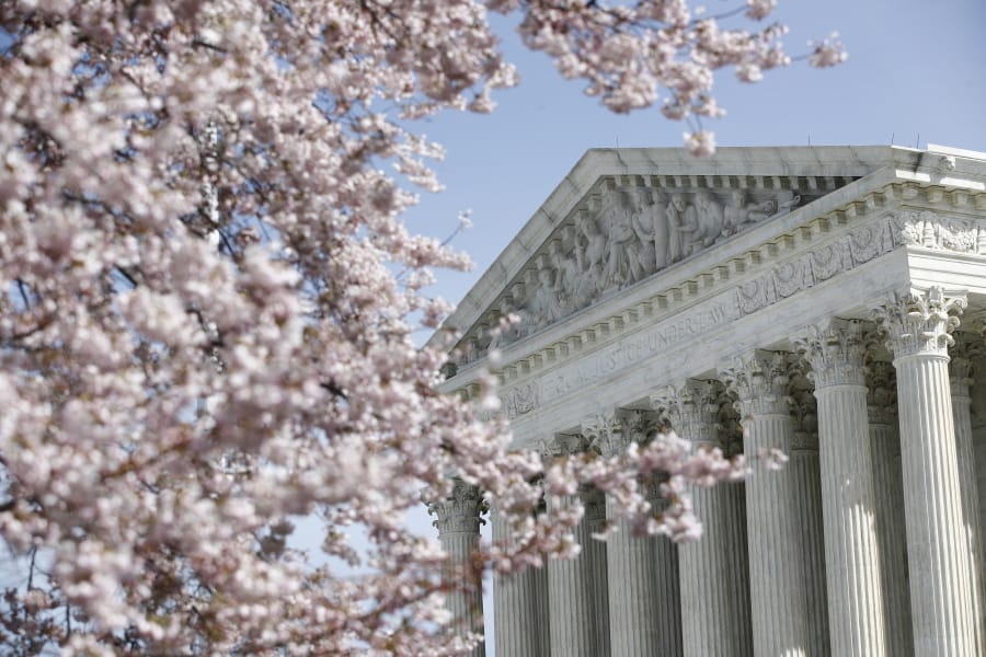 FILE - In this March 16, 2020, file photo, a tree blooms outside the Supreme Court in Washington. The Supreme Court ruled Thursday, April 23, that sewage plants and other industries cannot avoid environmental requirements under landmark clean-water protections when they send dirty water on an indirect route to rivers, oceans and other navigable waterways.