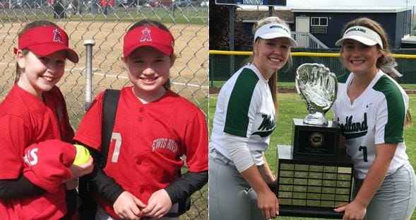 Kelly Sweyer (left in both image) and Kaily Christensen have been friends and teammates from Little League through to Woodland High School (Photos courtesy of Woodland High School).