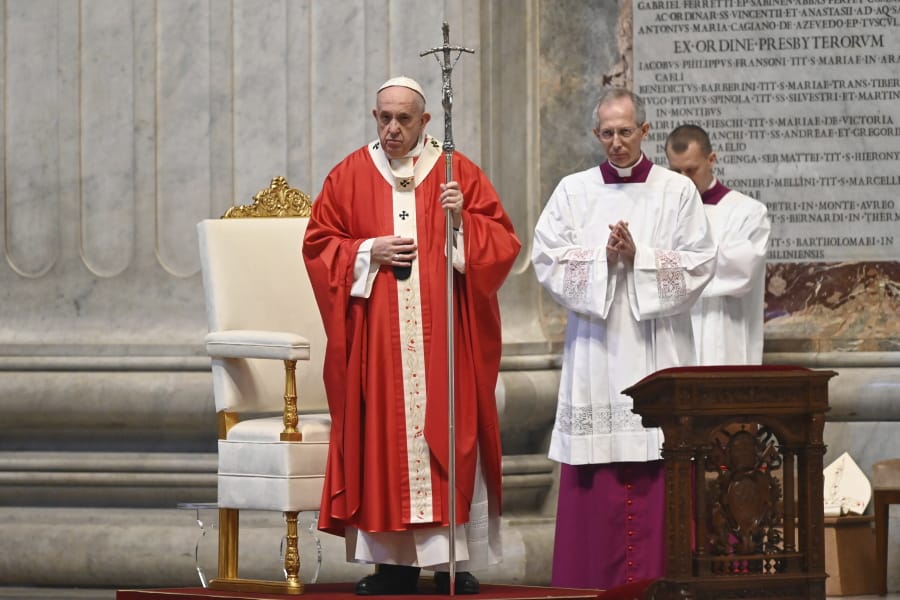 Pope Francis celebrates Palm Sunday Mass behind closed doors in St. Peter&#039;s Basilica, at the Vatican, Sunday, April 5, 2020, during the lockdown aimed at curbing the spread of the COVID-19 infection, caused by the novel coronavirus.