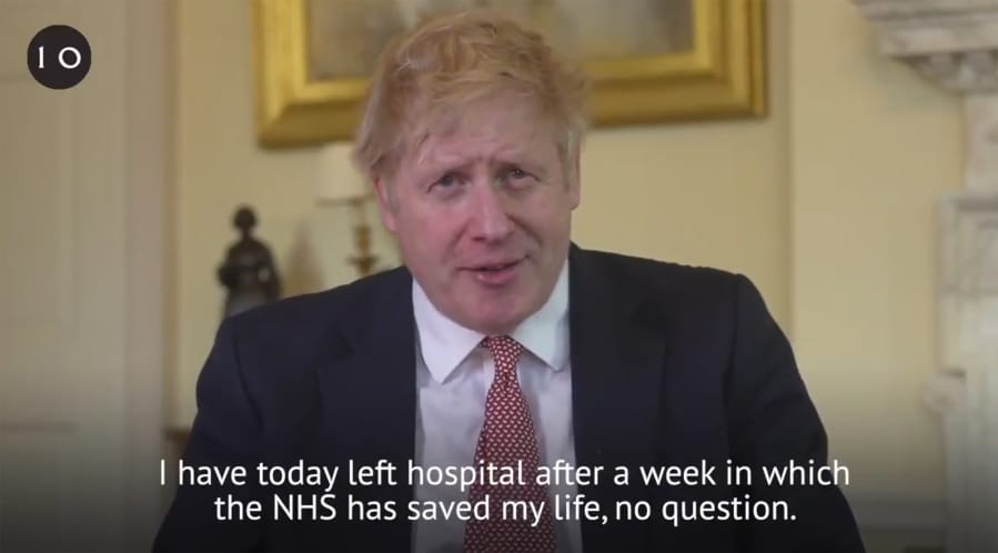 A grab done from the Twitter page of Britain&#039;s Prime Minister Boris Johnson, in which he hails the staff in the National Health Service (NHS) for saving his life, filmed at 10 Downing Street, London, Sunday April 12, 2020.  Johnson was discharged earlier Sunday from a London hospital where he was treated in intensive care for the new COVID-19 coronavirus.