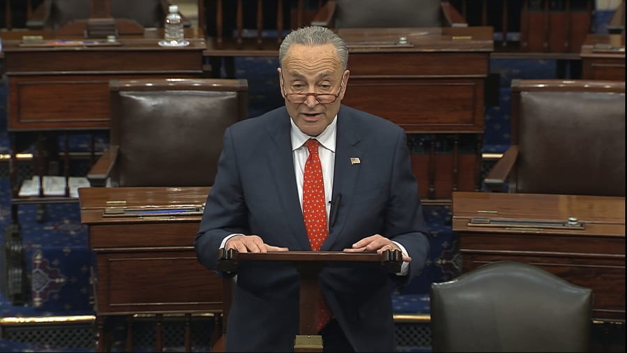 In this image from video, Senate Minority Leader Chuck Schumer, D-N.Y., speaks on the Senate floor at the U.S. Capitol in Washington, Wednesday, March 25, 2020.