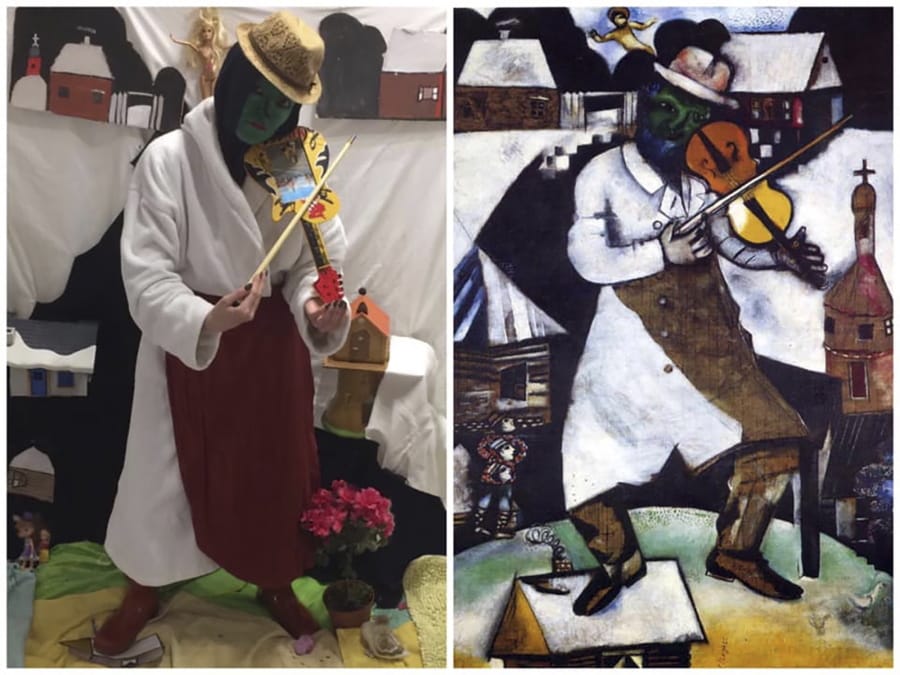 In this two photo combo, an undated copy of Marc Chagall&#039;s &#039;Green Fiddle Player&#039; artwork, right and Galina Vishnevskaya&#039;s recreation for the Izoizolyacia Facebook page, left, taken in Moscow, on Tuesday, April 7, 2020. In the coronavirus lockdown, Russians can&#039;t go to their beloved and renowned museums.
