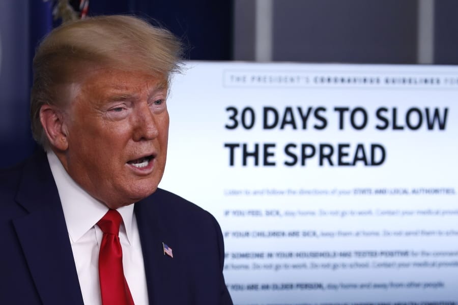 President Donald Trump speaks about the coronavirus in the James Brady Press Briefing Room of the White House, Tuesday, March 31, 2020, in Washington.