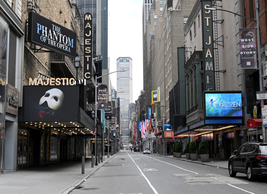 Closed Broadway theaters during the coronavirus pandemic on April 8 in New York City.