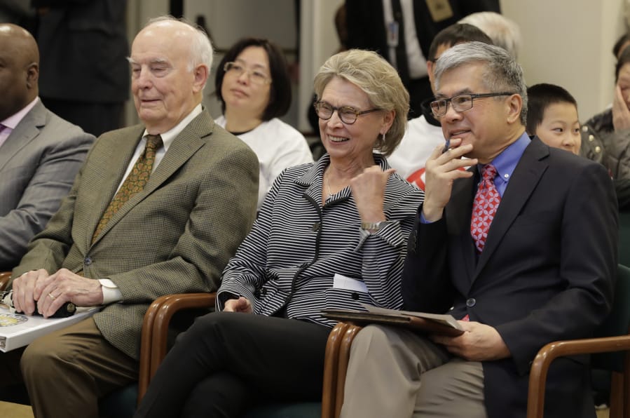 Former Washington Governors Dan Evans, from left, Chris Gregoire, and Gary Locke sit together before testifying during a 2019 hearing on Initiative 1000 before a joint Washington state House and Senate committee in Olympia. Every governor knows what it&#039;s like to be caught up in a crisis.