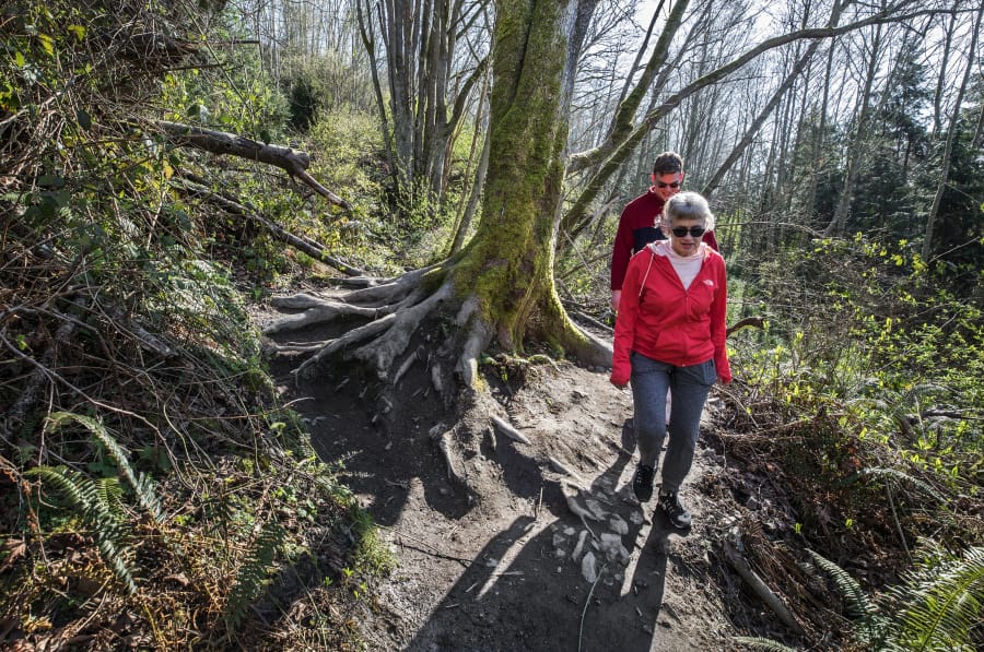 Hikers coming down to the North Beach Trail at Discovery Park.
