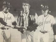 Washougal baseball coach Frank Jackson, left, and juniors Tim Wysaske and Russ Barber celebrate winning the 1973 Class A baseball state title in Wenatchee. The WIAA instituted a state baseball playoff system in 1973, and Washougal won three championships in six years.