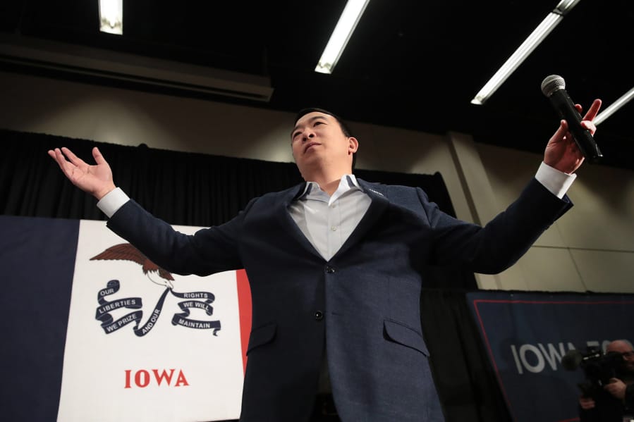 Democratic presidential candidate Andrew Yang speaks to guests during a campaign stop on his 45th birthday, at Drake University in Des Moines, Iowa, on January 13, 2020.