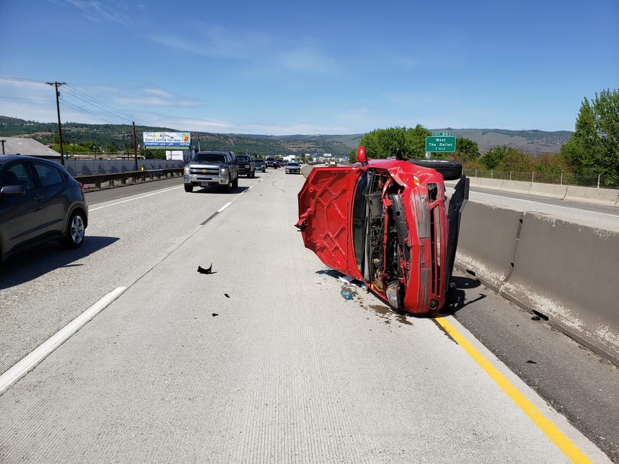 Peter Chapman, 24, of Vancouver swerved and crashed into the center divider of Interstate 84 near The Dalles, Ore., while avoiding a wrong-way vehicle on Friday. Chapman was uninjured, according to Oregon State Police.