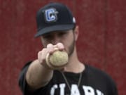 Evan Siegel, a Clark College pitcher, is pictured at Fort Vancouver High School in Vancouver on April 22, 2020.