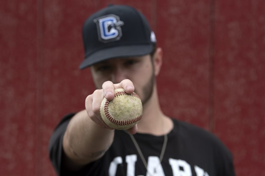 Evan Siegel, a Clark College pitcher, is pictured at Fort Vancouver High School in Vancouver on April 22, 2020.
