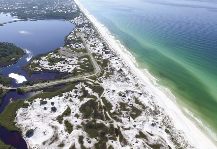 This Aug. 1, 2018, aerial photo made available by the Florida Department of Environmental Protection shows Grayton Beach State Park in Santa Rosa Beach, Fla. The beach earned the first spot of top U.S beaches according to Florida International University professor Stephen Leatherman. The beach was chosen in part because of its sugar-white sand and its clear, emerald-green water.