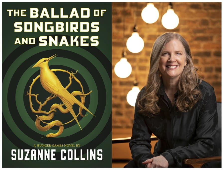 This combination of images released by Scholastic shows the cover image for &quot;The Ballad of Songbirds and Snakes,&quot; by Suzanne Collins, left, and a portrait of Collins. The &quot;Hunger Games&quot; novel was released on May 19.