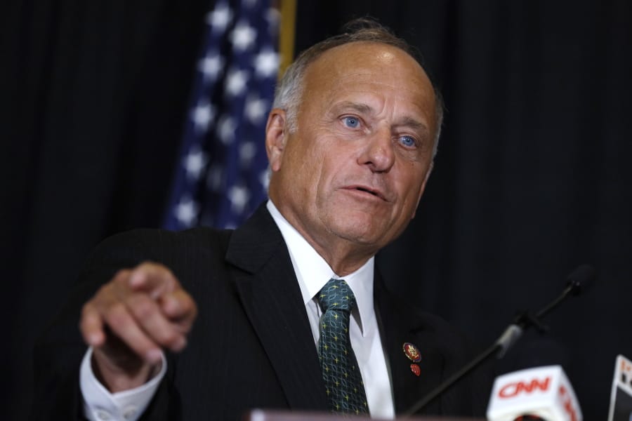 FILE - In this Aug. 23, 2019, file photo, Rep. Steve King, R-Iowa, speaks during a news conference in Des Moines, Iowa. King is on the outs with a significant bloc of his long-reliable conservative base, but not for almost two decades of incendiary utterances about abortion, immigrants and Islam.