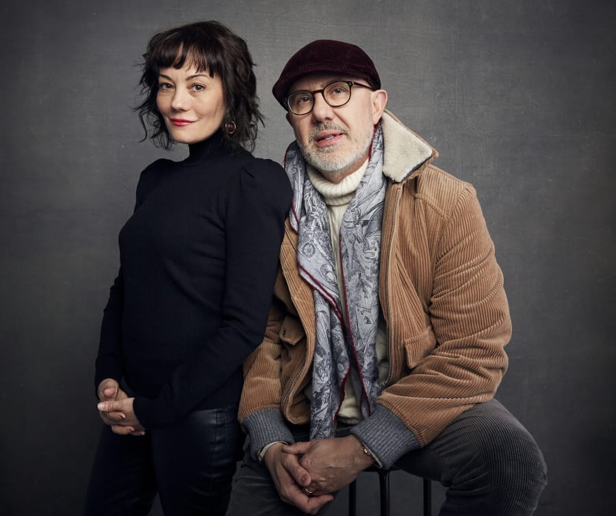 FILE - This Jan. 27, 2020 file photo shows Natasha Gregson Wagner, daughter of the late actress Natalie Wood, left, and director Laurent Bouzereau posing for a portrait to promote their documentary &quot;Natalie Wood: What Remains Behind&quot; during the Sundance Film Festival in Park City, Utah. The film premieres on HBO on Tuesday, May 5.