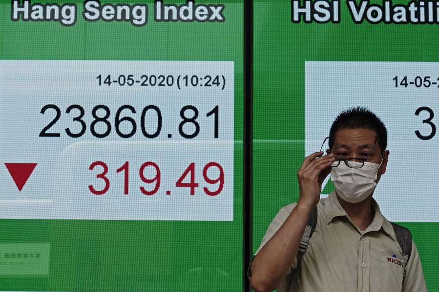 A man wearing face mask walks past a bank electronic board showing the Hong Kong share index at Hong Kong Stock Exchange Thursday, May 14, 2020. Asian shares declined Thursday on pessimism about life getting back to normal soon amid the coronavirus pandemic, even as Japan prepared to let businesses reopen in some regions.