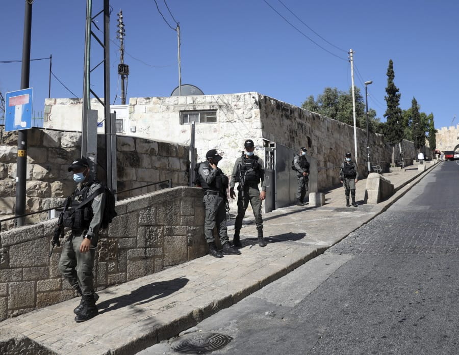 Israeli police officers secure the area of Lion&#039;s gate in Jerusalem&#039;s Old City, Saturday, May 30, 2020. Israeli police shot dead a Palestinian near Jerusalem&#039;s Old City who they had suspected was carrying a weapon but turned out to be unarmed.