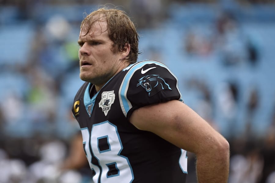 FILE - In this Dec. 29, 2019, file photo, Carolina Panthers tight end Greg Olsen warms up prior to the team&#039;s NFL football game against the New Orleans Saints in Charlotte, N.C. Released by Carolina in late January, Olsen eventually signed a $7 million, one-year deal with the Seattle Seahawks in February after considering Washington and Buffalo as other potential landing spots.