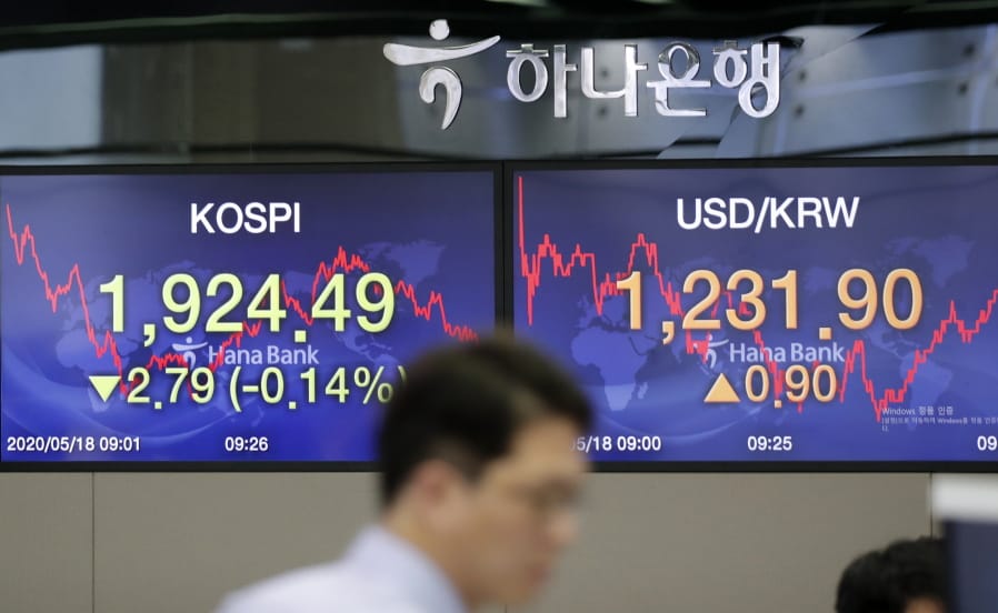 A currency trader walks near the screens showing the Korea Composite Stock Price Index (KOSPI), left, and the foreign exchange rate between U.S. dollar and South Korean won at the foreign exchange dealing room in Seoul, South Korea, Monday, May 18, 2020. Asian stock markets rose Monday after the chief U.S. central banker expressed optimism the the American economy might start to recover this year from the coronavirus pandemic.